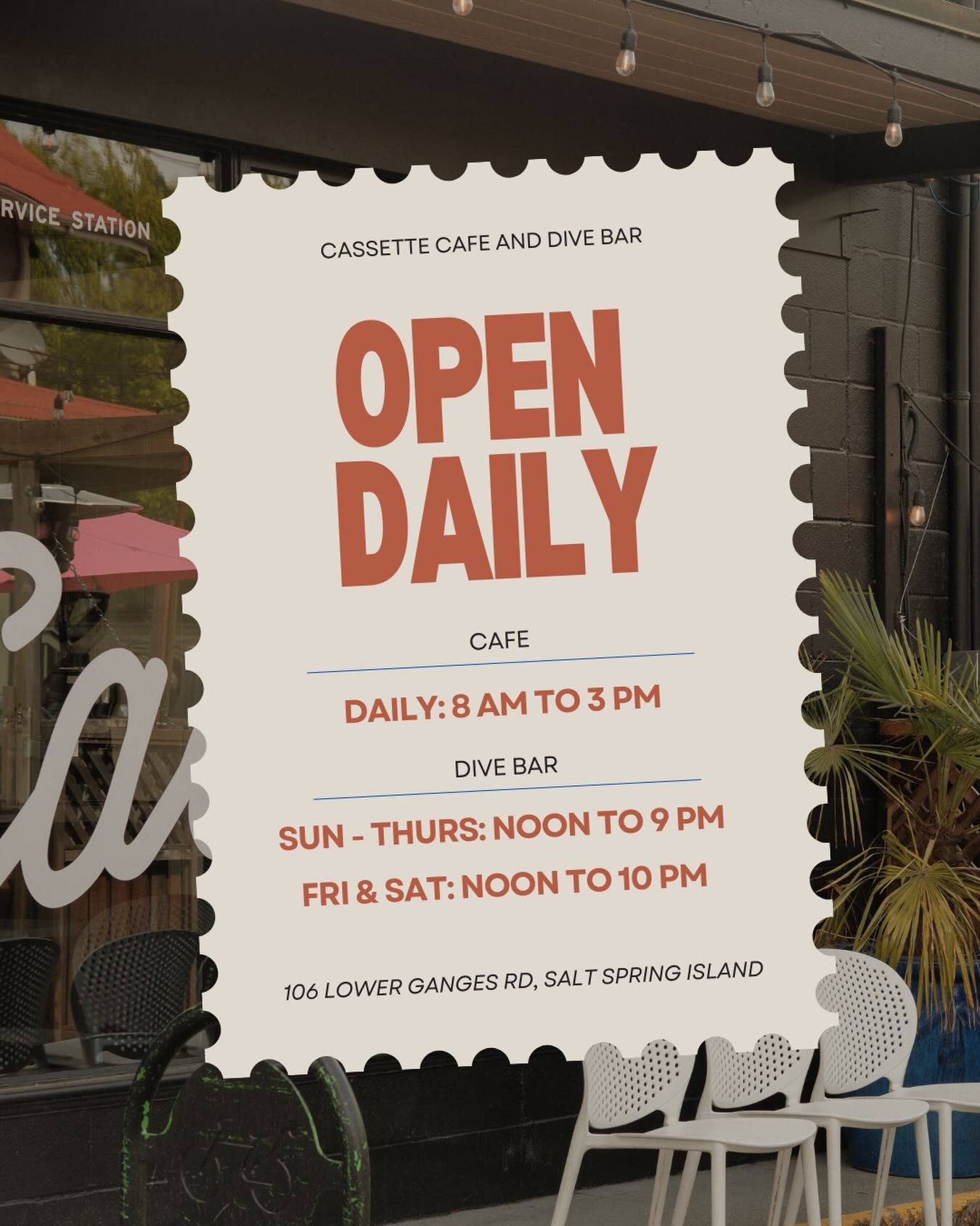 The Open Daily poster with cafe and dive bar hours